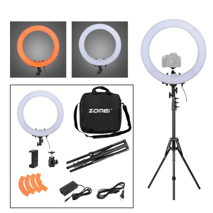 Кільцевий LED освітлювач ZOMEI (18") зі стійкою та димером - для портретної, б'юті та селфі зйомки