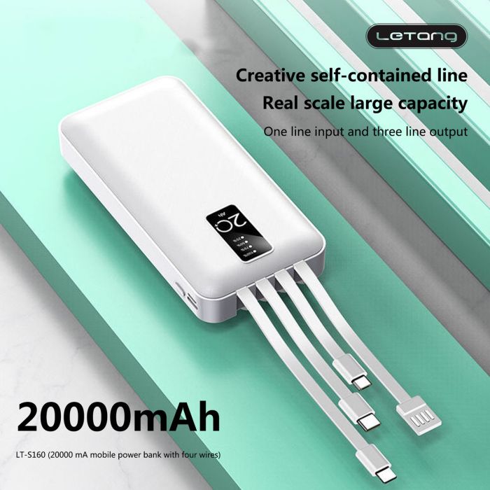 Повер банк (powerbank) Letang LT-S160 — 20000 ma, 2,1 A з вбудованими кабелями Micro-USB, Type C, USB-A X 2