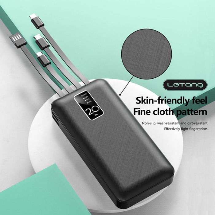 Повер банк (powerbank) Letang LT-S160 — 20000 ma, 2,1 A з вбудованими кабелями Micro-USB, Type C, USB-A X 2