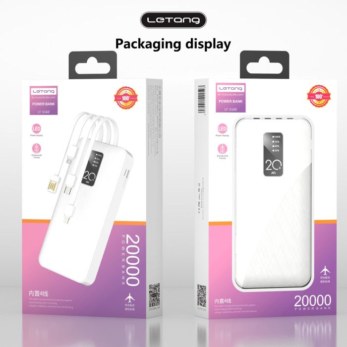 Повер банк (powerbank) Letang LT-S160 — 20000 ma, 2,1 A з вбудованими кабелями Micro-USB, Type C, USB-A X 2