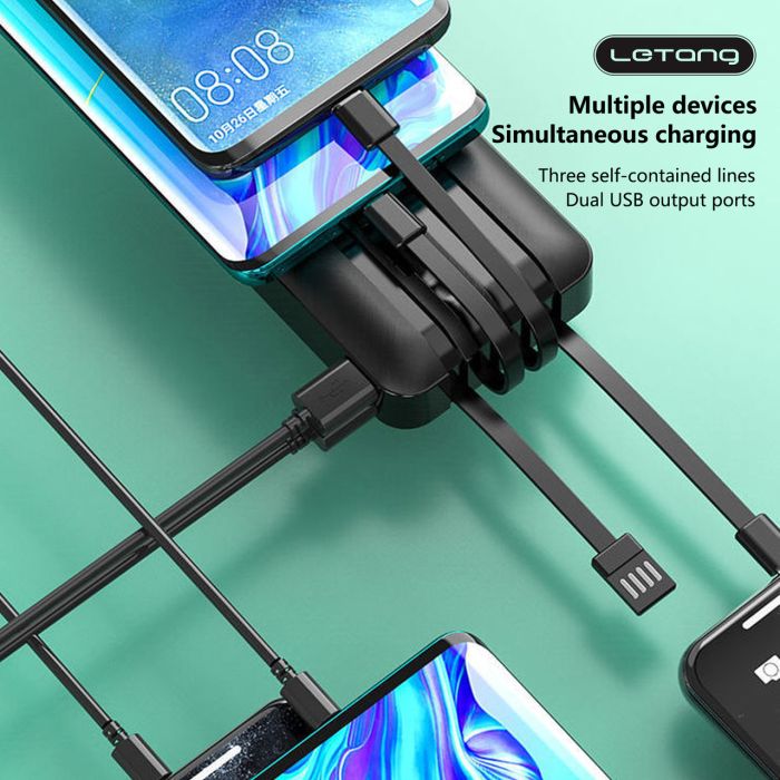 Повер банк (powerbank) Letang LT-S160 — 20000 ma, 2,1 A з вбудованими кабелями Micro-USB, Type C, USB-A X 2