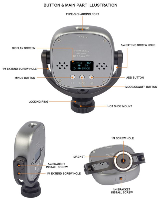 LED - освітлювач, відео-світло Teyeleec TA77 (2500-8500K) із вбудованим акумулятором у металевому корпусі