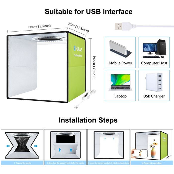 Лайткуб (лайтбокс, фотобокс) Puluz з LED світлом PU5032G для предметної зйомки (макрозйомки) 30 х 30 х 30