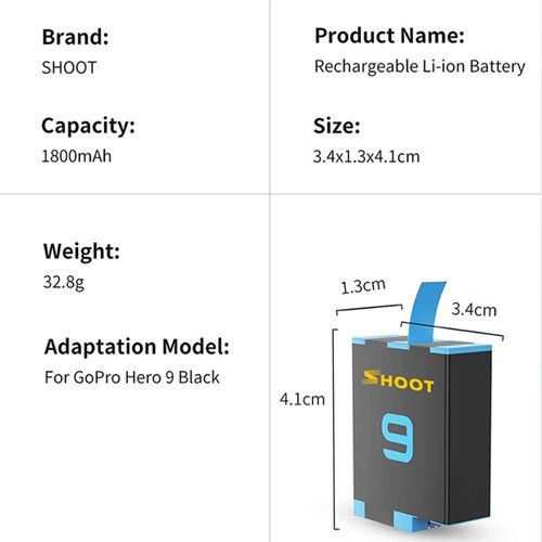 Комплект від SHOOT - 2 шт акумулятори AHDBT-901 (ADBAT-001) 1800 ma + зарядне GoPro Hero 9, 10 (код XTGP565)