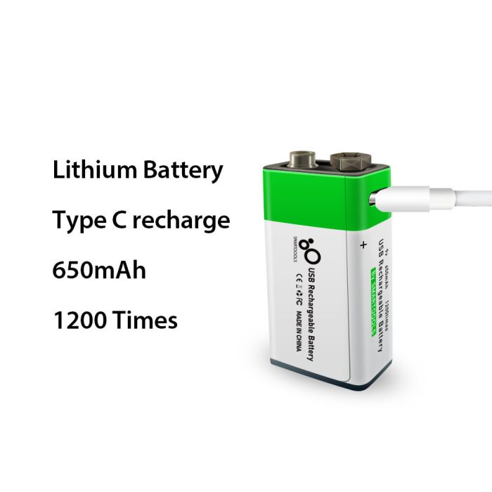 Акумулятор типу Крона 6F22 (CR-9V) 9 вольтів — з роз'ємом TYPE-C Smartools 650 mAh + кабель TYPE-C