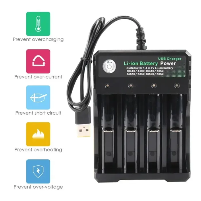 Зарядний пристрій з USB — BH-042100-04 для 4 акумуляторів типу 16340 (CR123A), 18650, 18500, 18350, 14500