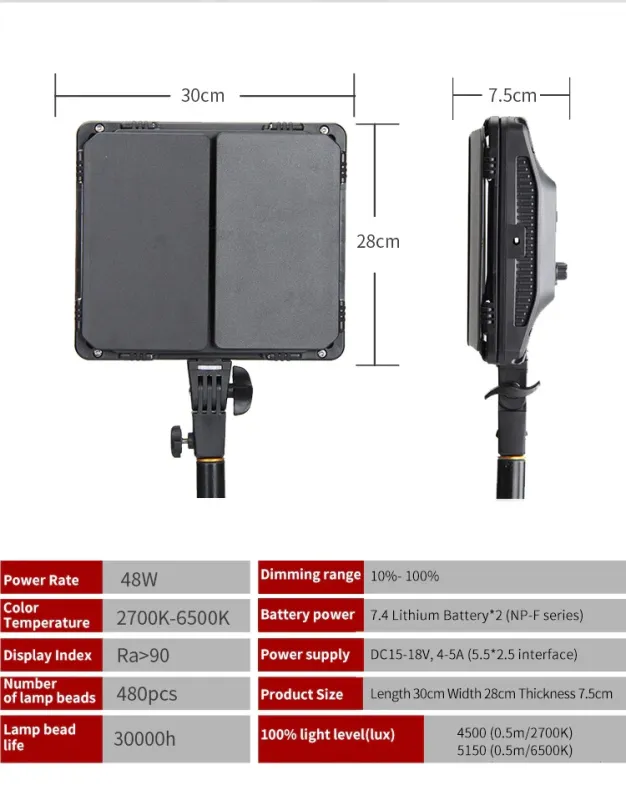 LED — освітлювач, відеосвітло Triopo TTV-480Bi (3200-6500 K) з регулюванням і мережевим адаптером