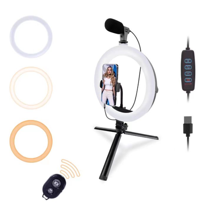 Набір для блогінгу RLM-10 (штатив + кріплення для телефона + мікрофон + кільцевий LED-світло + пульт)