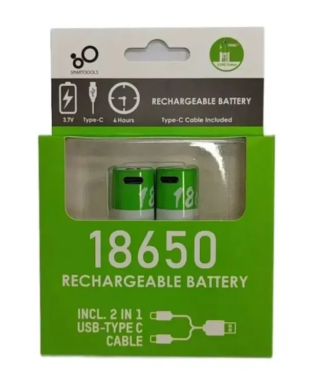 Комплект: 2 акумулятори — тип 18650 3,7 В — з роз'ємом TYPE-C Smartools 2000 mah + кабель TYPE-C