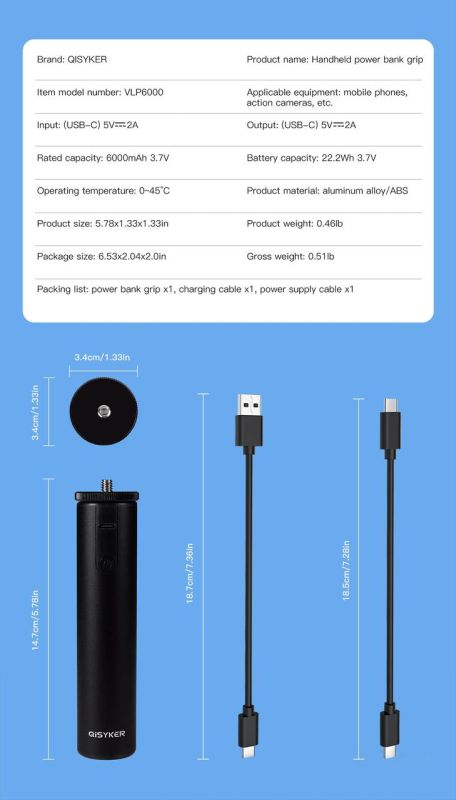 QISYKER VLP6000 — монопод — тримач — стедикам для екшн-камери, телефона з powerbank на 6000 ma