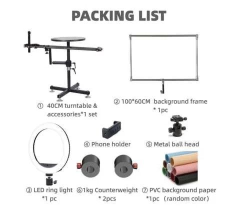 Поворотна, обертова по сфері та 360 платформа стіл із кріпленнями та LED-світлом JingYing-02 (D-40 см до 80 кг