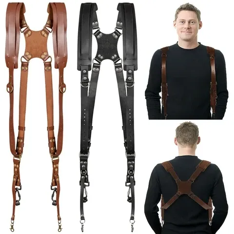 Шкіряна партупея для фотографа — Подвійний розвантажувальний ремінь (розвантаження) — шкіряна — чорна