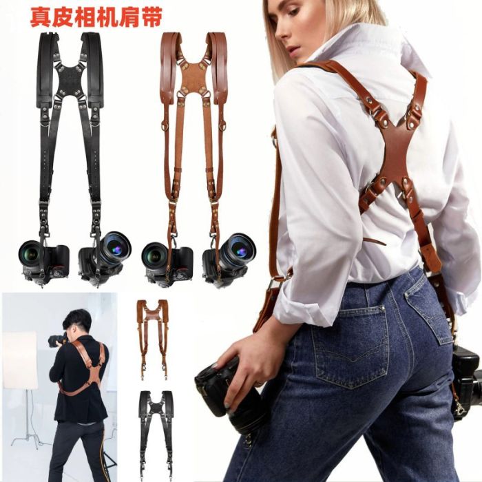 Шкіряна партупея для фотографа — Подвійний розвантажувальний ремінь (розвантаження) — шкіряна — чорна