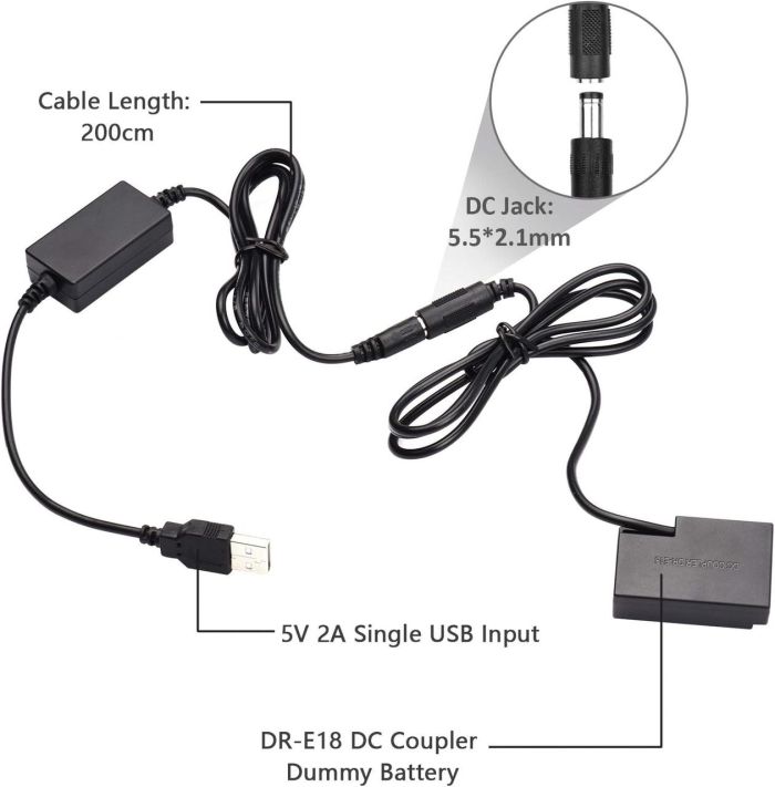 USB адаптер живлення ACK-E18 для Canon EOS 77D, 850D, 800D, 760D, 750D, 200D, 250D — замість акумулятора LP-E17