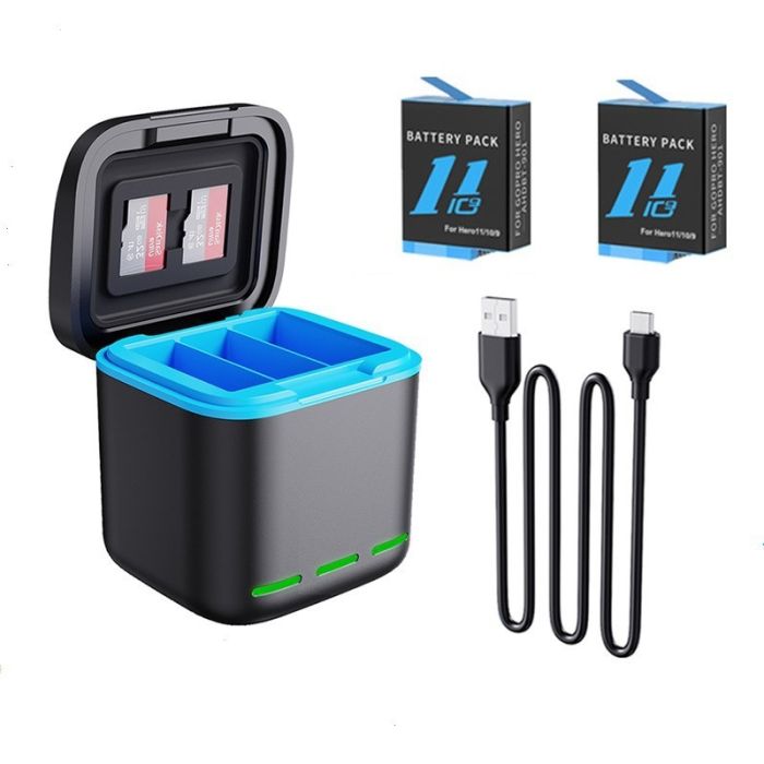 Комплект: зарядний пристрій (на 3 акумулятори) + 2 акумулятори GoPro Hero 9, 10, 11, 12