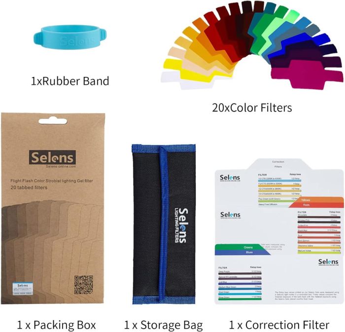 Набір кольорових фільтрів (розсіювачів) — гелевих Selens SE-CG20 (20 кольорів) для накамерного спалаху
