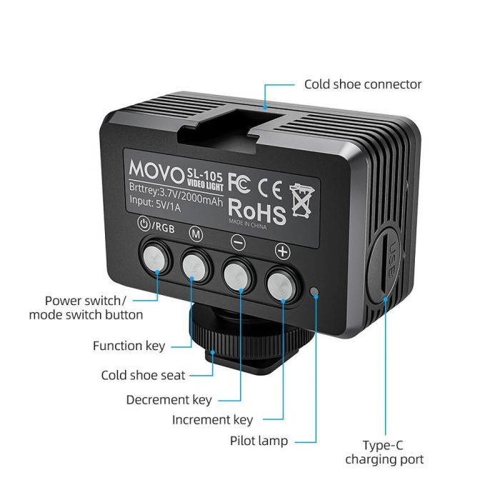 Лампа LED-світло з RGB водонепроникна Movo SL-105, LED-підсвітка для екшн-камер Xiaomi YI, SJCam, GoPRO