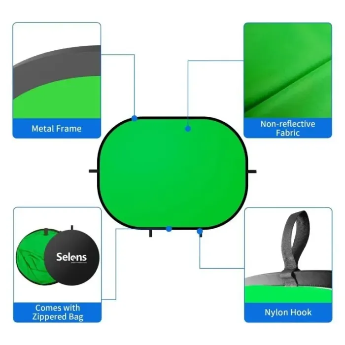 Фон складаний у пружинній рамці Selens BP-028 2 в 1 сіро-зелений (хромокей) 150 x 200 см — тканинний