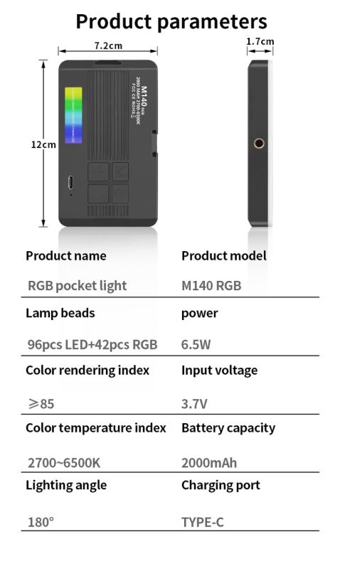 Накамерне світло M140 RGB Pocket Fill Light з можливістю кріплення на смартфон і з вбудованим акумулятором