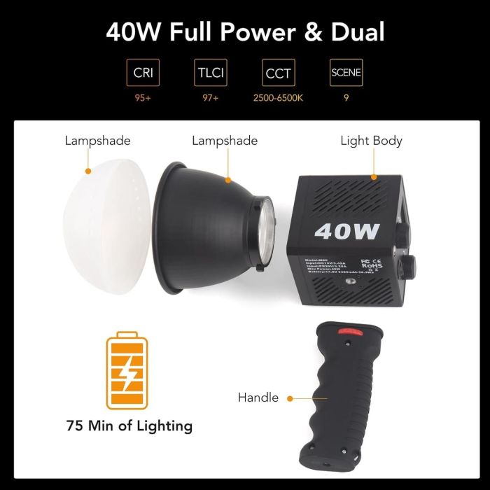 LED-світло, освітлювач, студійне світло M60 40W (2500-6500K) з вбудованим акумулятором на 3400 ma та тримачем