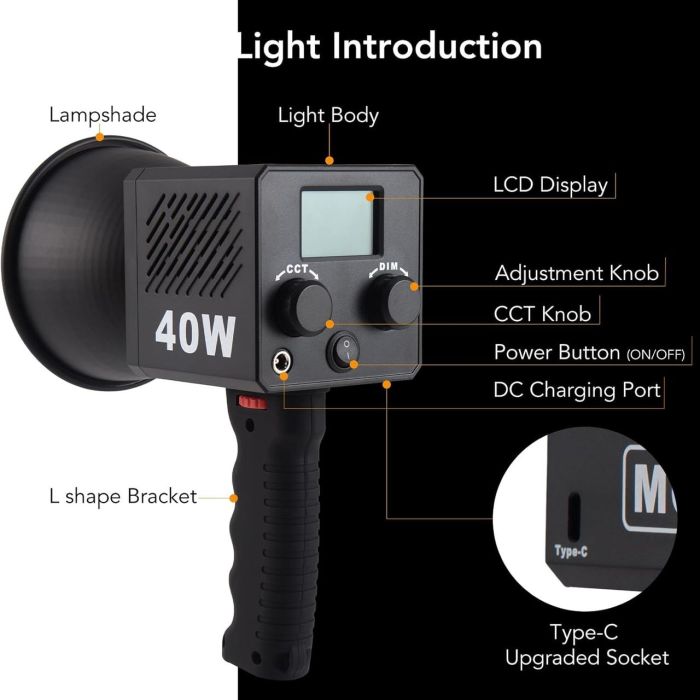 LED-світло, освітлювач, студійне світло M60 40W (2500-6500K) з вбудованим акумулятором на 3400 ma та тримачем
