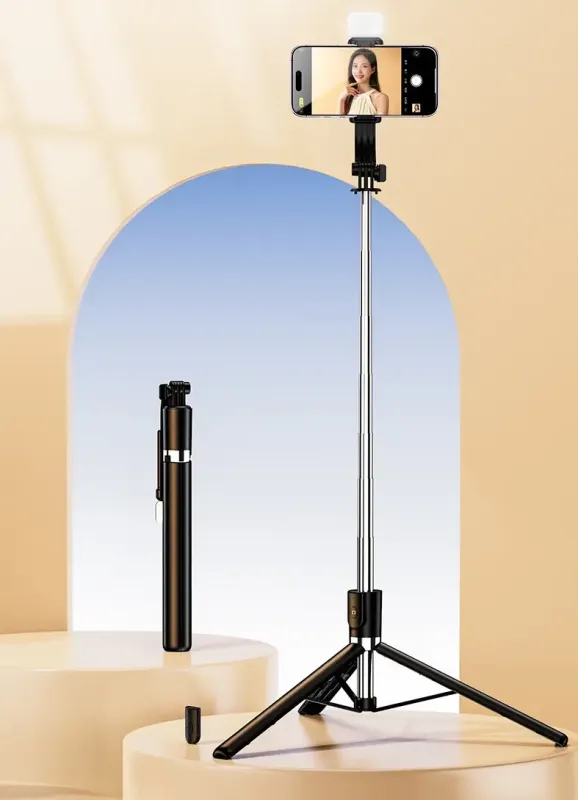 Селфі палиця, штатив-монопод для телефона з Bluetooth пультом і LED світлом Selfie Stick R1S-L (чорний) 170 см.