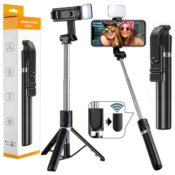 Селфі палиця, штатив-монопод для телефона з Bluetooth пультом і LED світлом Selfie Stick R1S-L (чорний) 170 см.