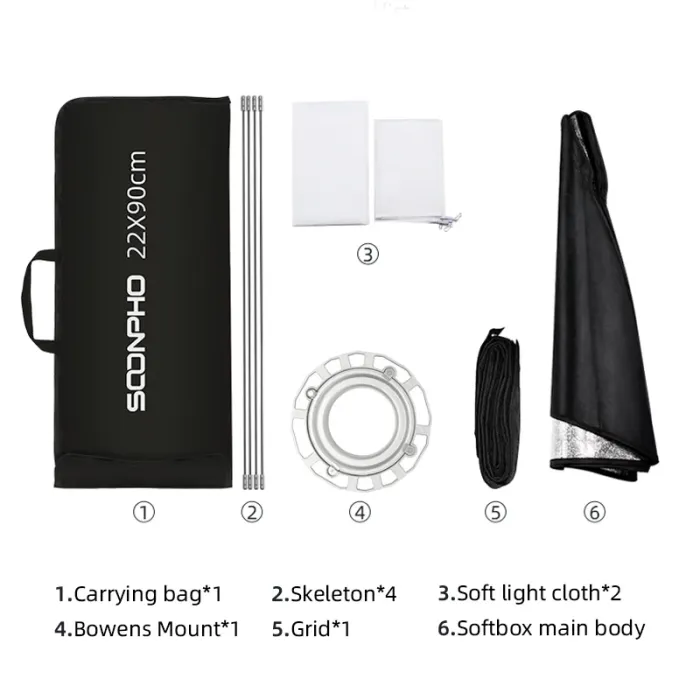 Софтбокс-стрип (стриббокс) SOONPHO 22 x 90cm см із сотами (григ) для студійних спалахів (байонет Bowens)