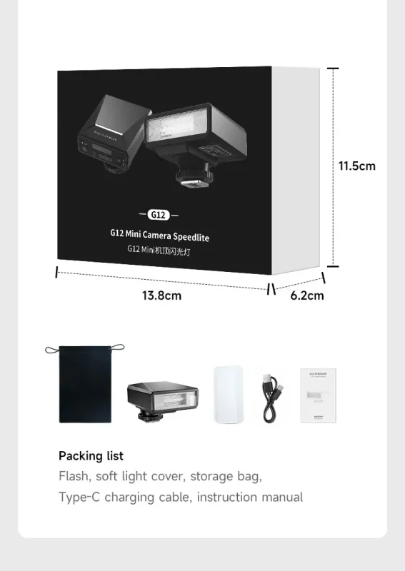 Компактний спалах для фотоапаратів Pentax — G12 Mini Camera Flash Speedlite з USB-C та акумулятором 1200 мА
