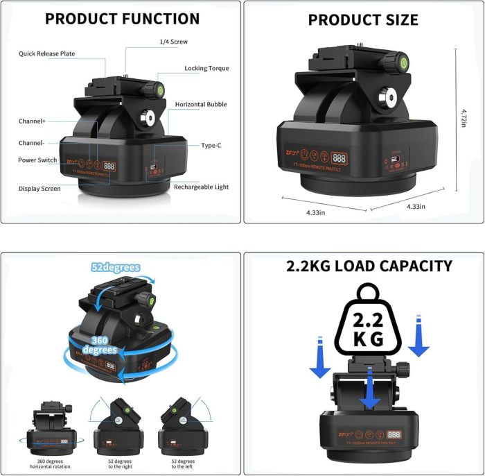 Обертовий моторизований штатив — головка з пультом керування YT-1500 PRO від Zifon для фотоапаратів і камер (2.2 кг, IP66)
