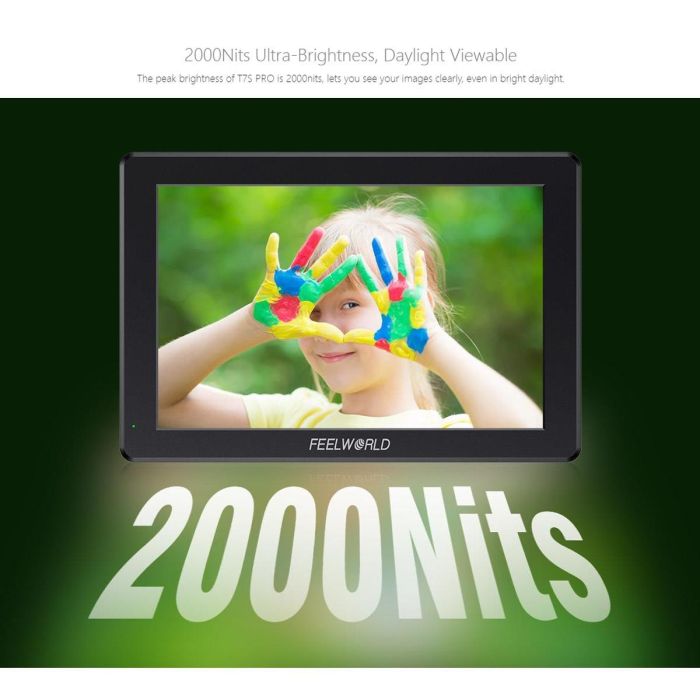 Накамерний монітор, дисплей FeelWorld 7" дюймовий T7S PRO, 2000 cd/m2, 3G SDI 4K HDMI 60 — алюмінієвий корпус