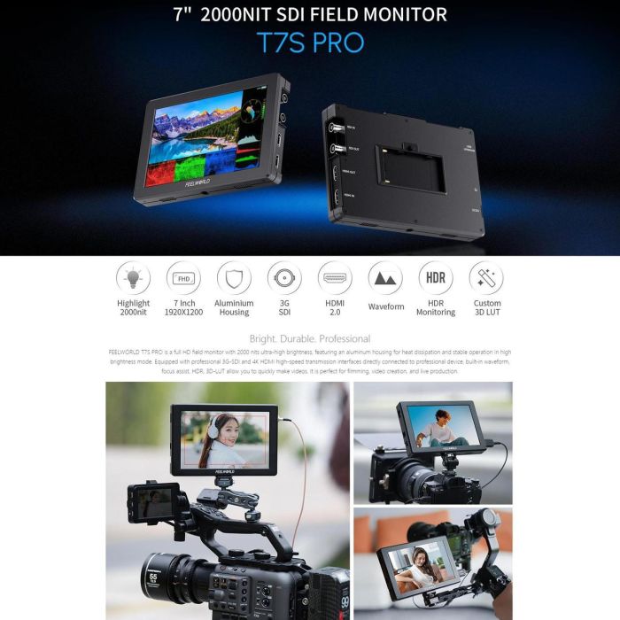 Накамерний монітор, дисплей FeelWorld 7" дюймовий T7S PRO, 2000 cd/m2, 3G SDI 4K HDMI 60 — алюмінієвий корпус