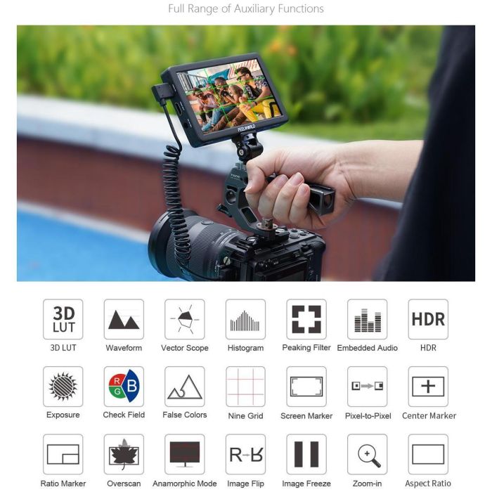 Накамерний монітор, дисплей FeelWorld 6" дюймовий T6, 450 cd/m2, HDMI 4K, 1920x1080 IPS — альмінієвий корпус