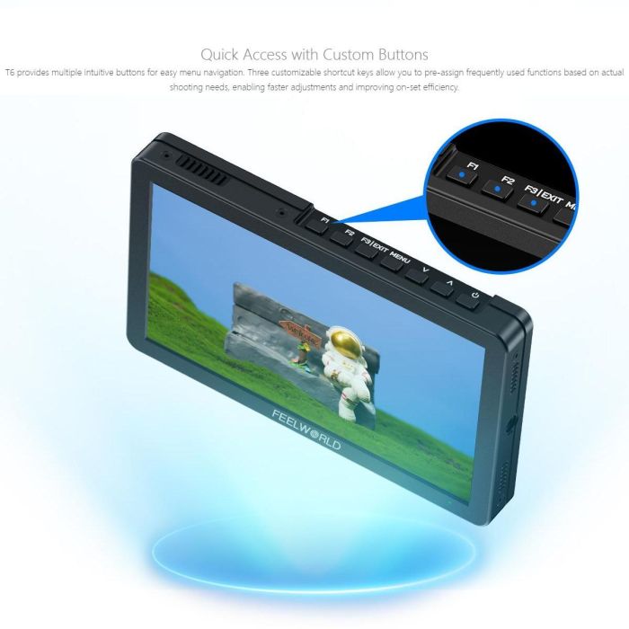 Накамерний монітор, дисплей FeelWorld 6" дюймовий T6, 450 cd/m2, HDMI 4K, 1920x1080 IPS — альмінієвий корпус