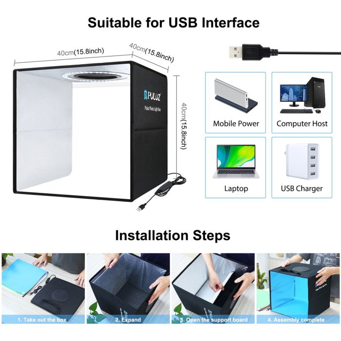Лайтбокс (фотобокс) Puluz з LED світлом PU5041B для предметної зйомки (макрозйомки) 40 х 40 х 40