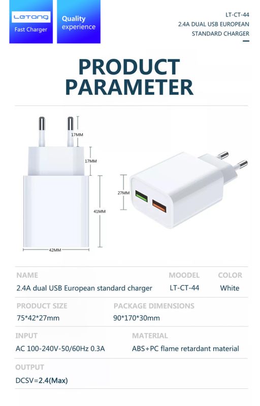 Мережевий адаптер Letang CT-44 - 2 х USB (5V-2.4A) -