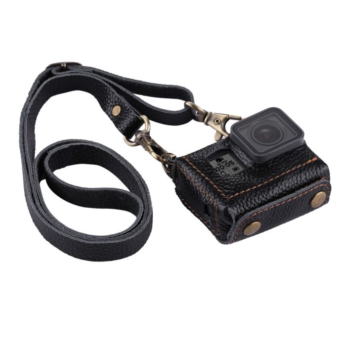 Шкіряний футляр - чохол Puluz для камер GoPro Hero 5, 6, 7 з адаптером та кришкою (код PU305B) чорний