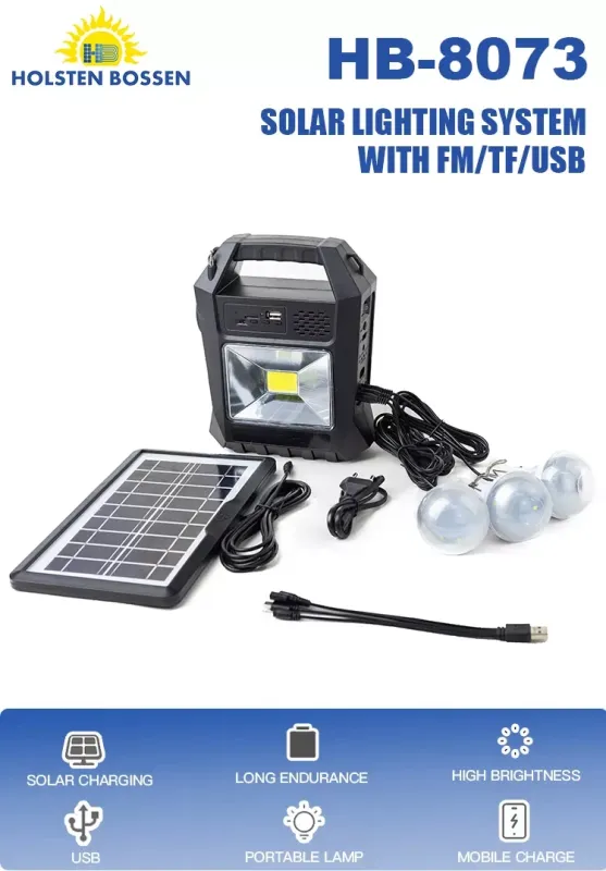 Портативна сонячна станція HB-8073 для заряджання ґаджетів — Power Bank, ліхтар, прожектор, 3 лампи, MP3, FM
