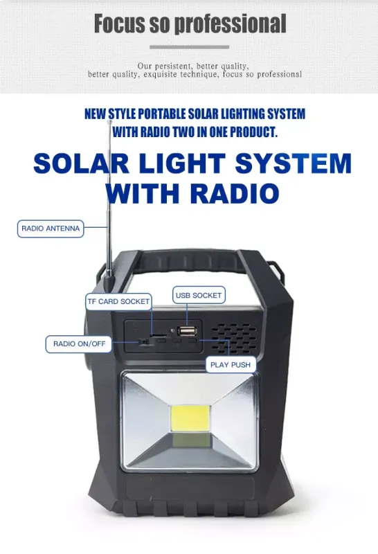 Портативна сонячна станція HB-8073 для заряджання ґаджетів — Power Bank, ліхтар, прожектор, 3 лампи, MP3, FM
