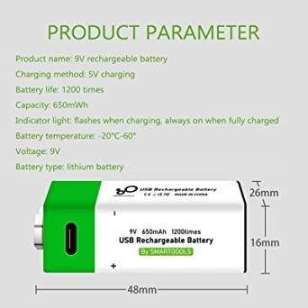 Акумулятор типу Крона 6F22 (CR-9V) 9 вольтів — з роз'ємом TYPE-C Smartools 650 mAh + кабель TYPE-C