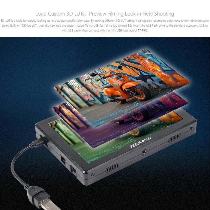 Накамерний монітор, дисплей FeelWorld 7" дюймовий T7 PRO, 2000 cd/m2, 4K HDMI 60 — алюмінієвий корпус